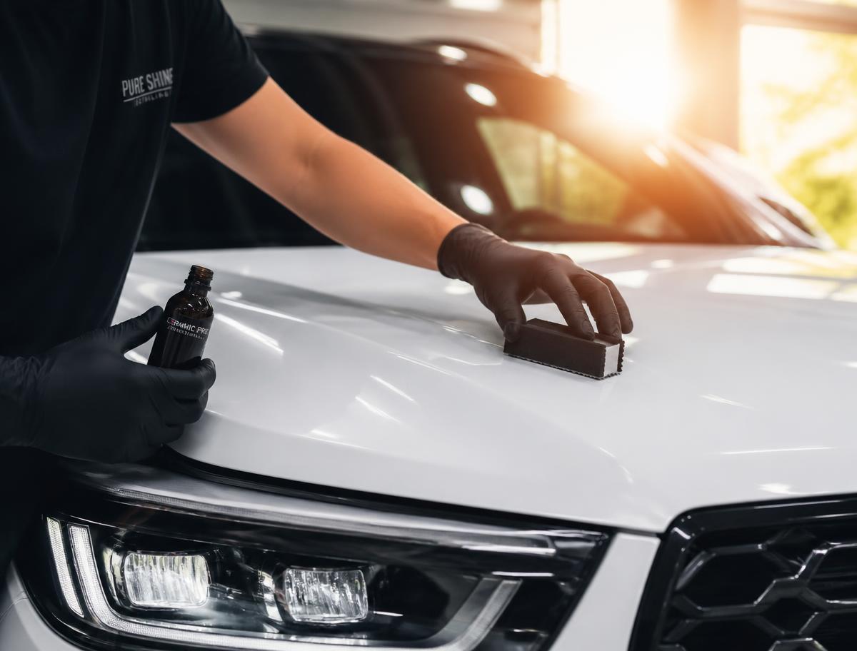 Applicator block spreading ceramic coating across a white SUV hood