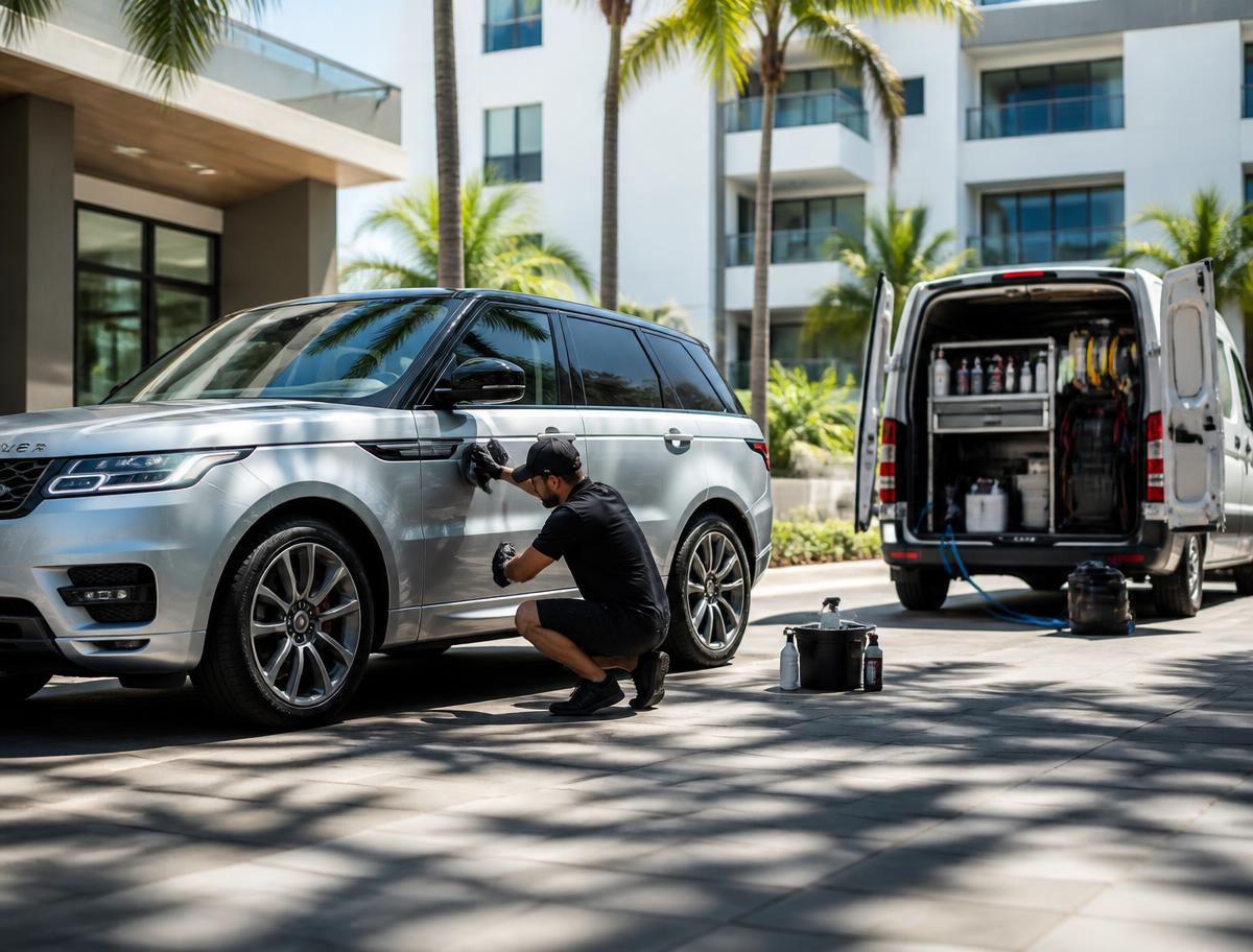 Detailer working on a silver SUV in a Miami condo parking area with a mobile service van