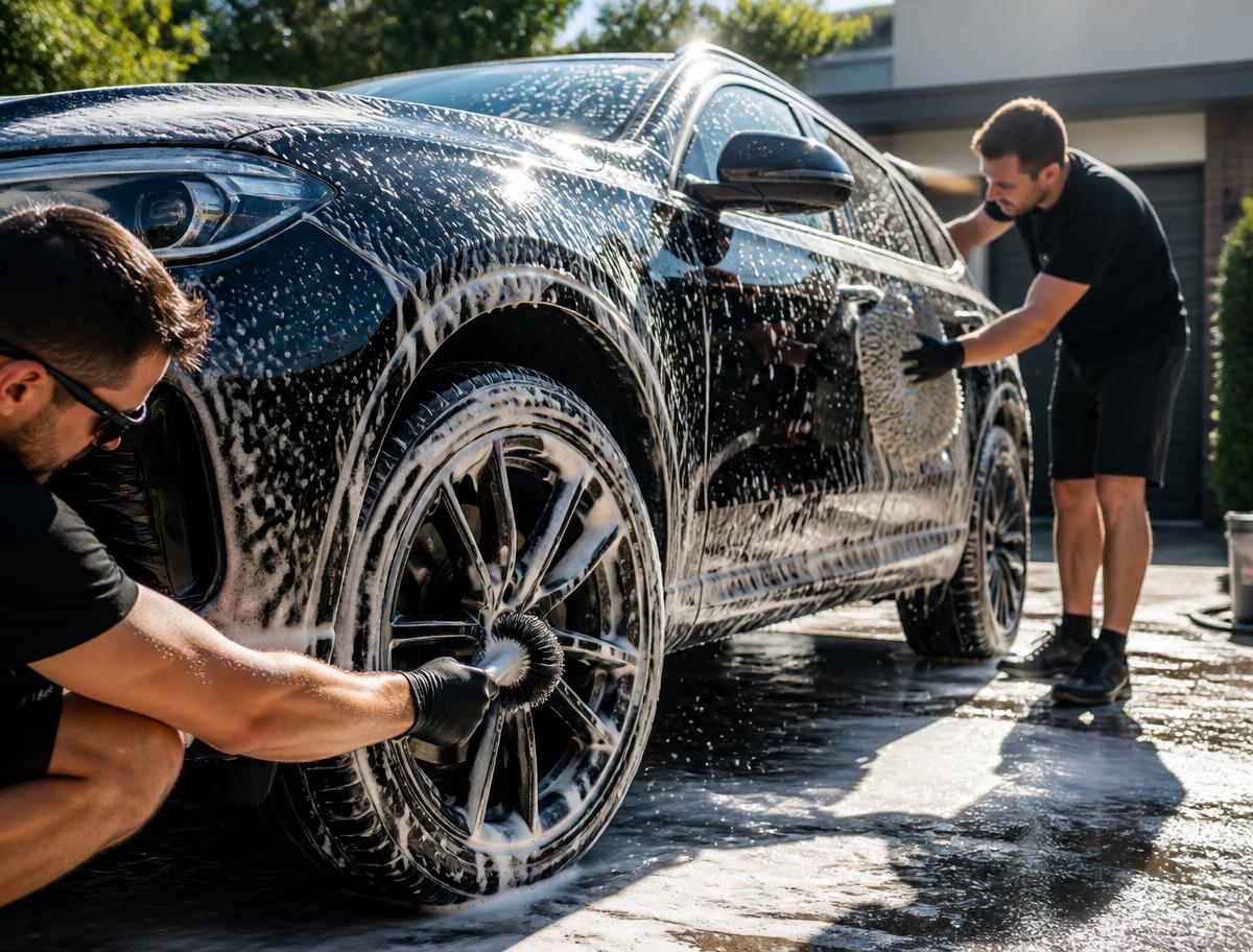 Two detailers hand washing a foam-covered dark SUV in a sunny driveway