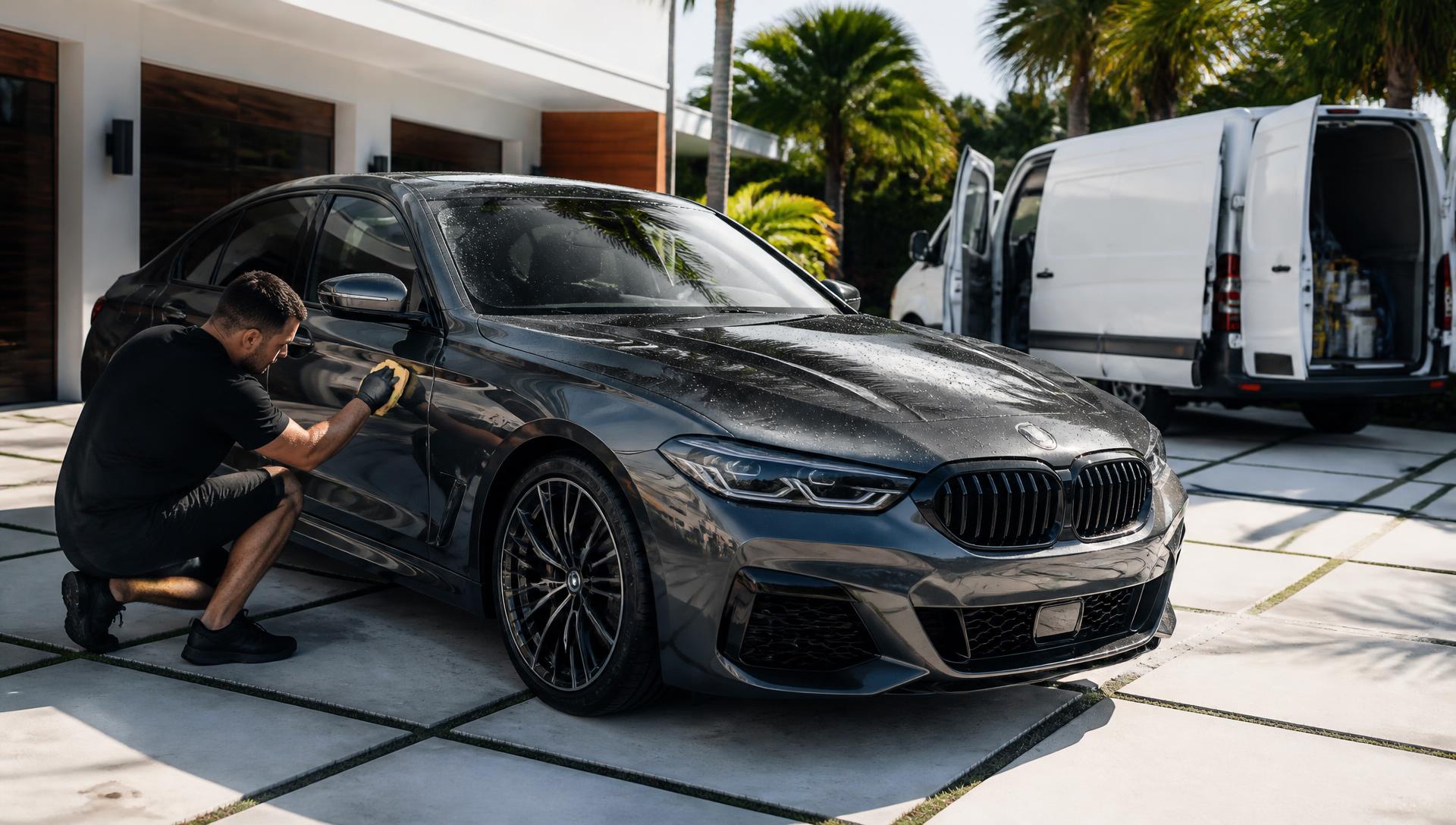 Mobile detailer polishing a dark sedan in a Miami driveway beside a service van