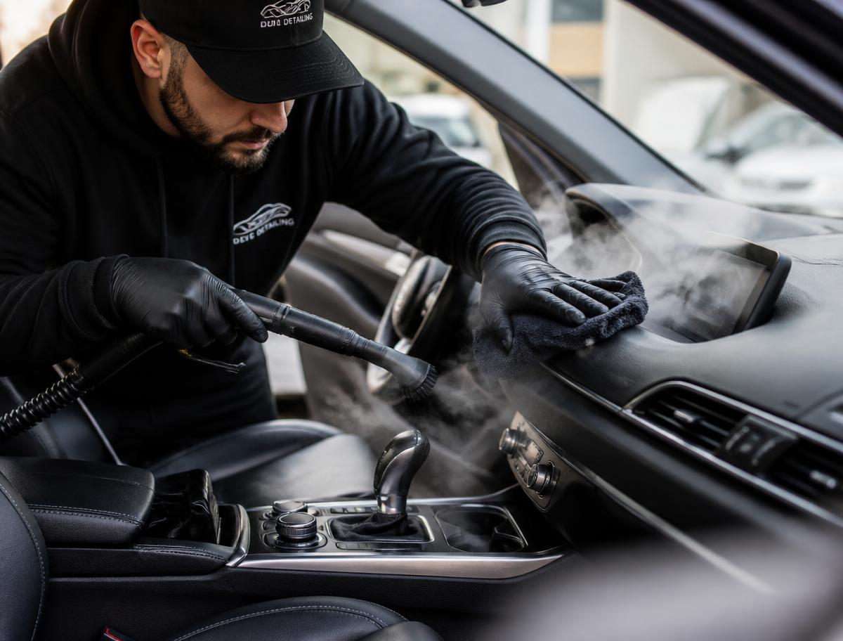 Detailer steam cleaning a car dashboard and console during an interior detail
